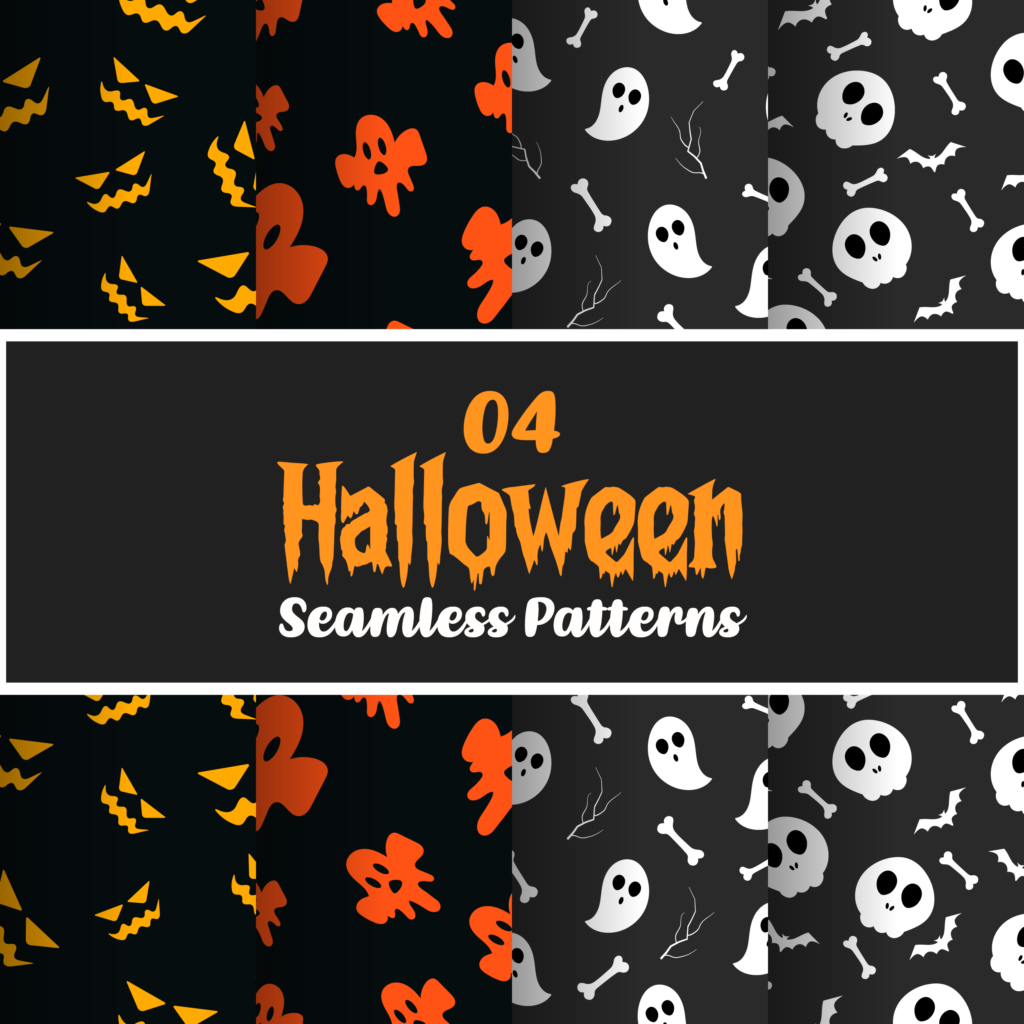 Scary Halloween Ghost Pumpkins and Skulls Vector Seamless Patterns ...