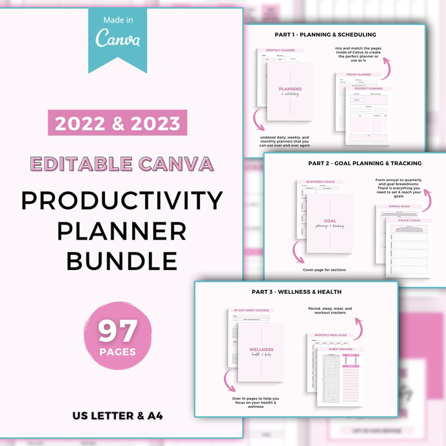 Productivity Planner Canva template.