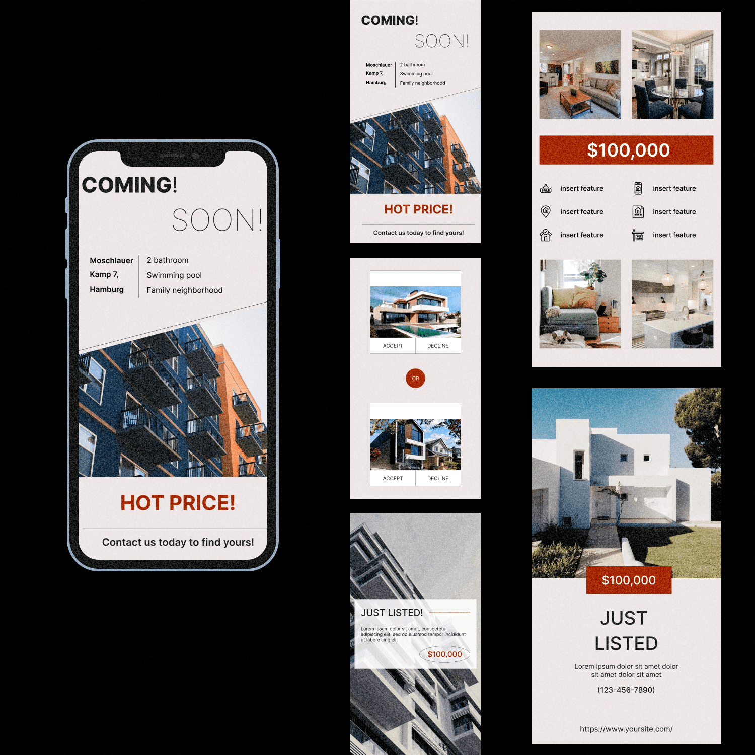 5 Black real estate instagram Story templates cover.