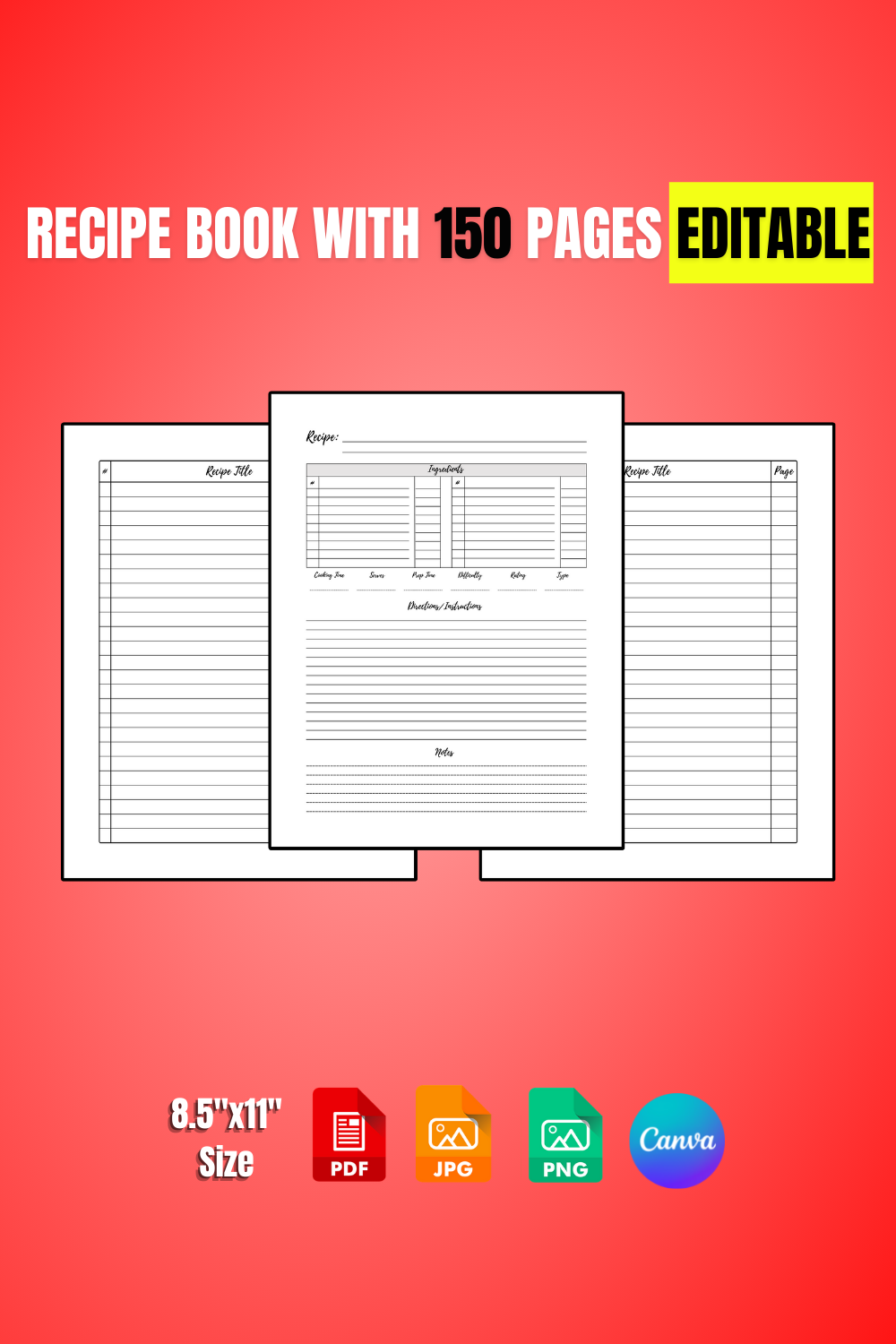 recipe book with 150 pages editable