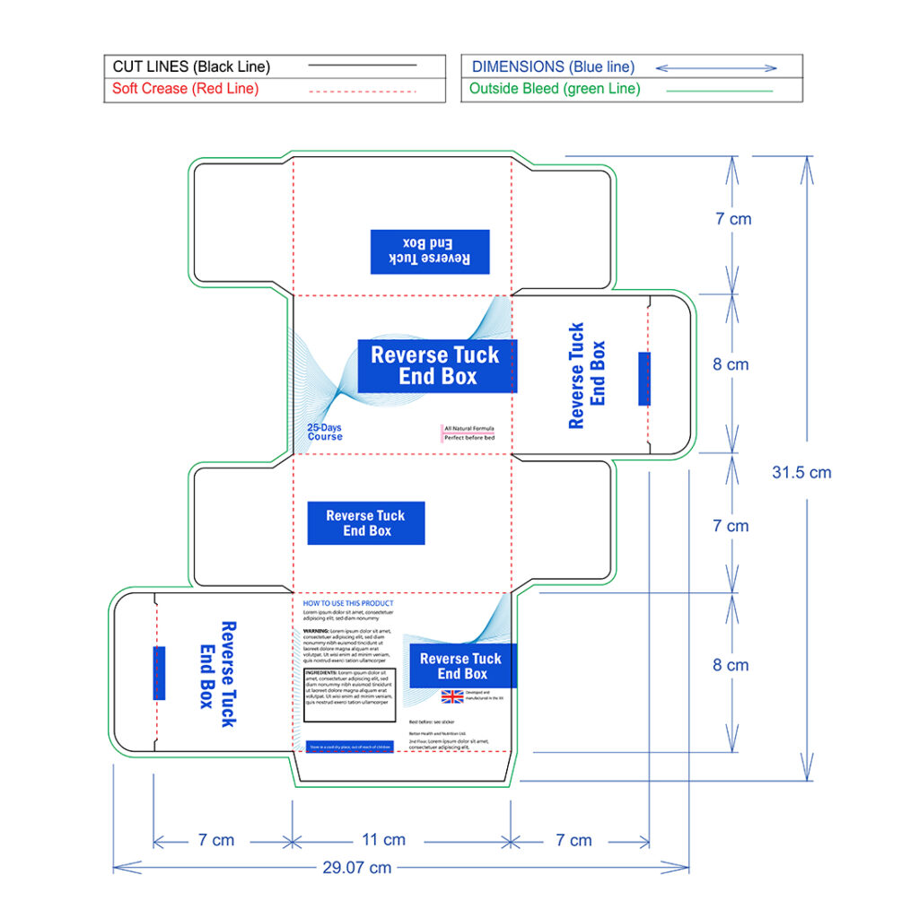 Reverse tuck end box dieline and packaging design template, diecut and ...
