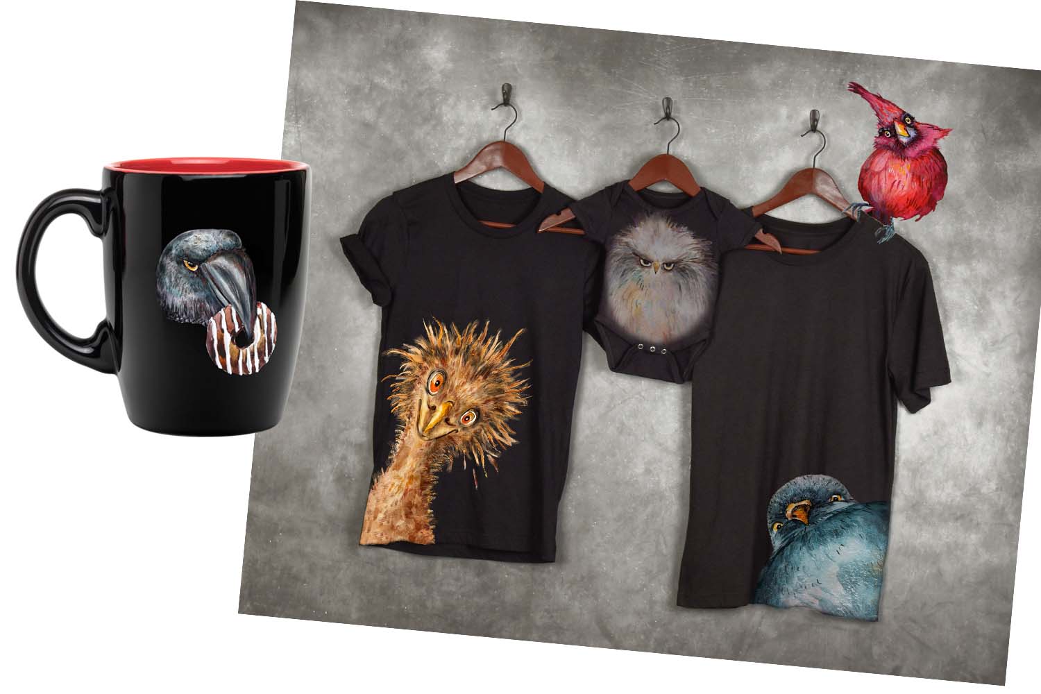 Watercolor Funny Birds PNG on black t-shirt.