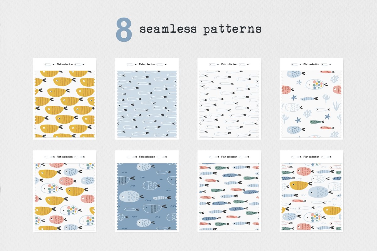 This product includes 8 seamless patterns with cute fishes.