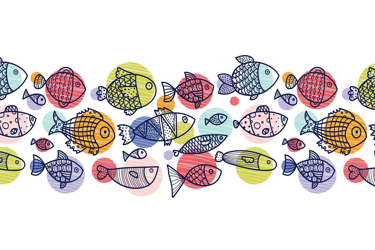 This product includes 4 seamless patterns with cute fishes.