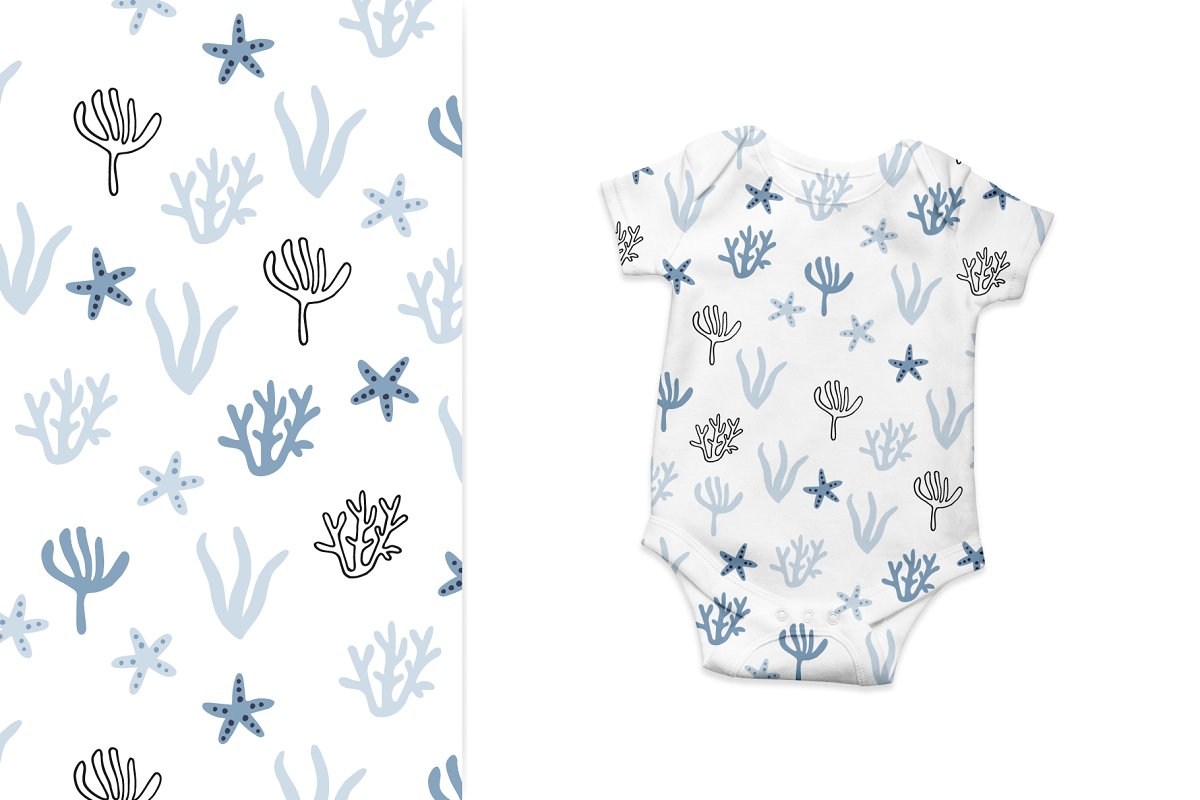 Baby white bodysuit design with blue corals.