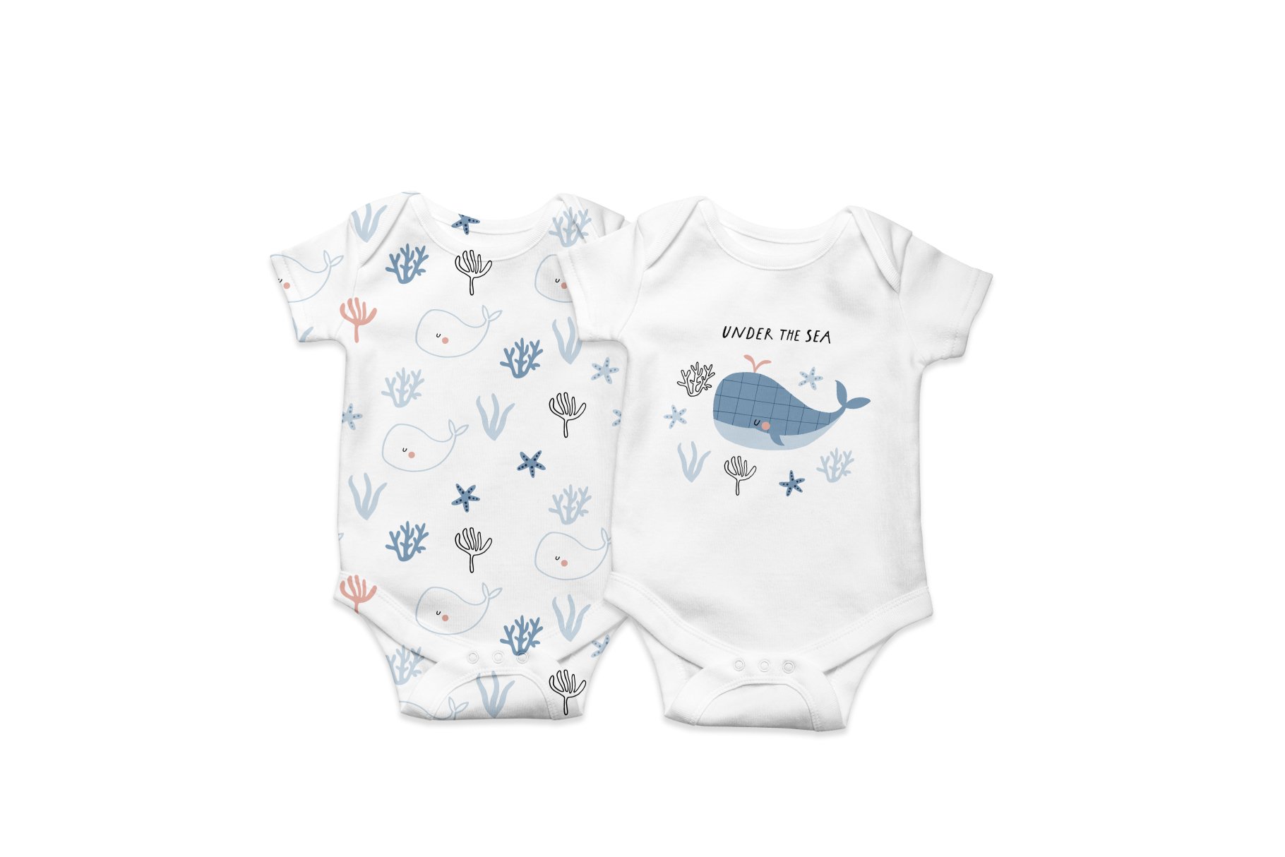 Baby white and blue bodysuit design with whales.
