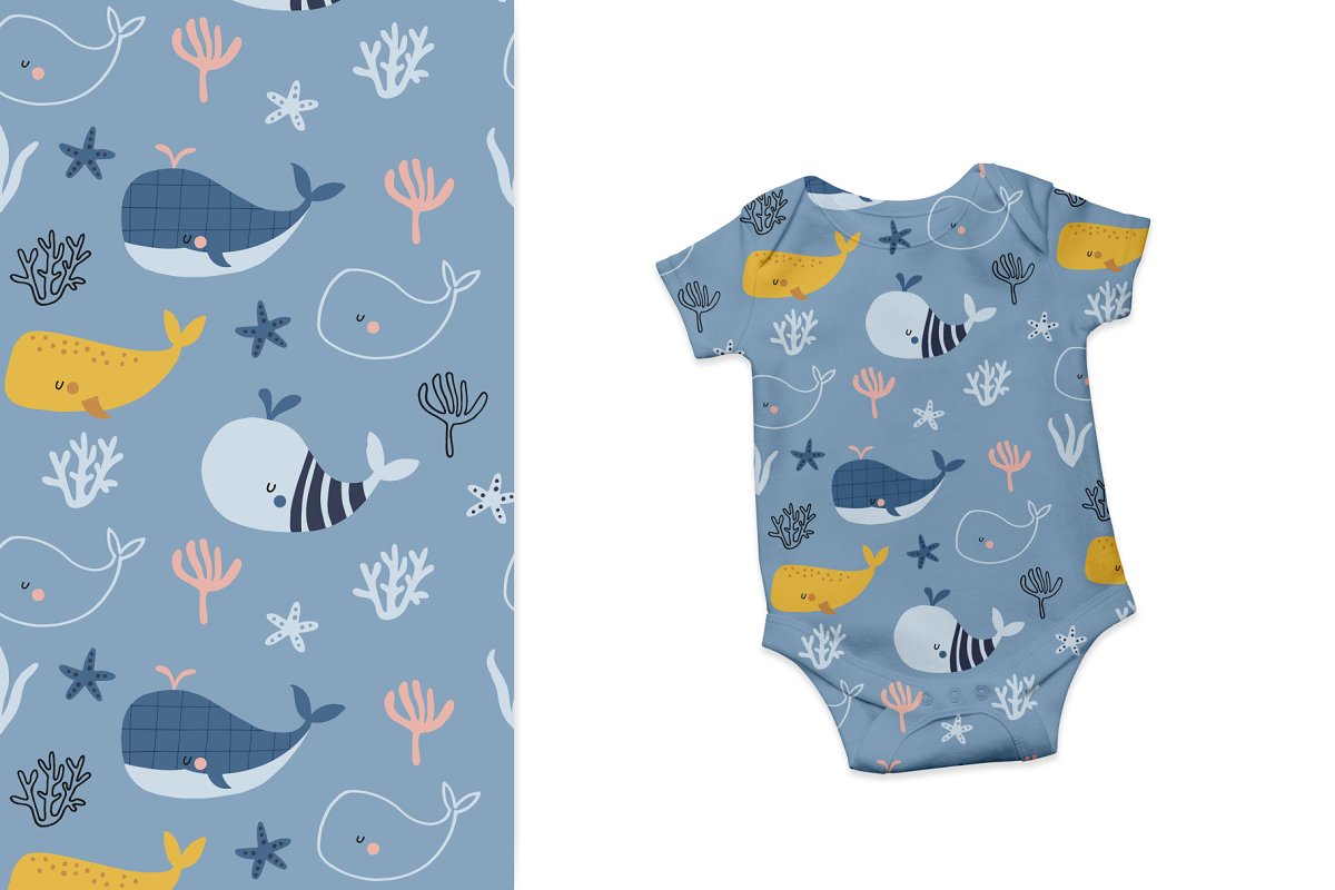 Baby blue bodysuit design with whales.