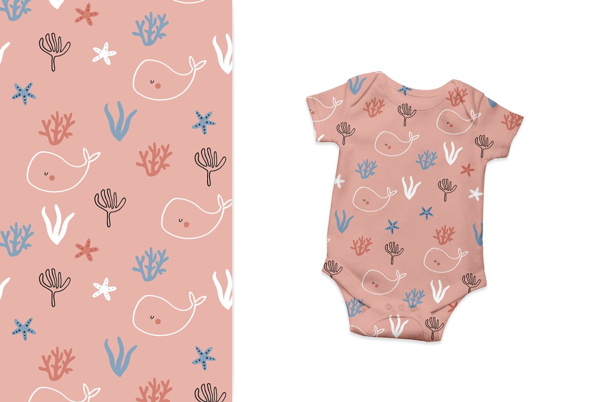 Baby pink bodysuit design with corals and whales.