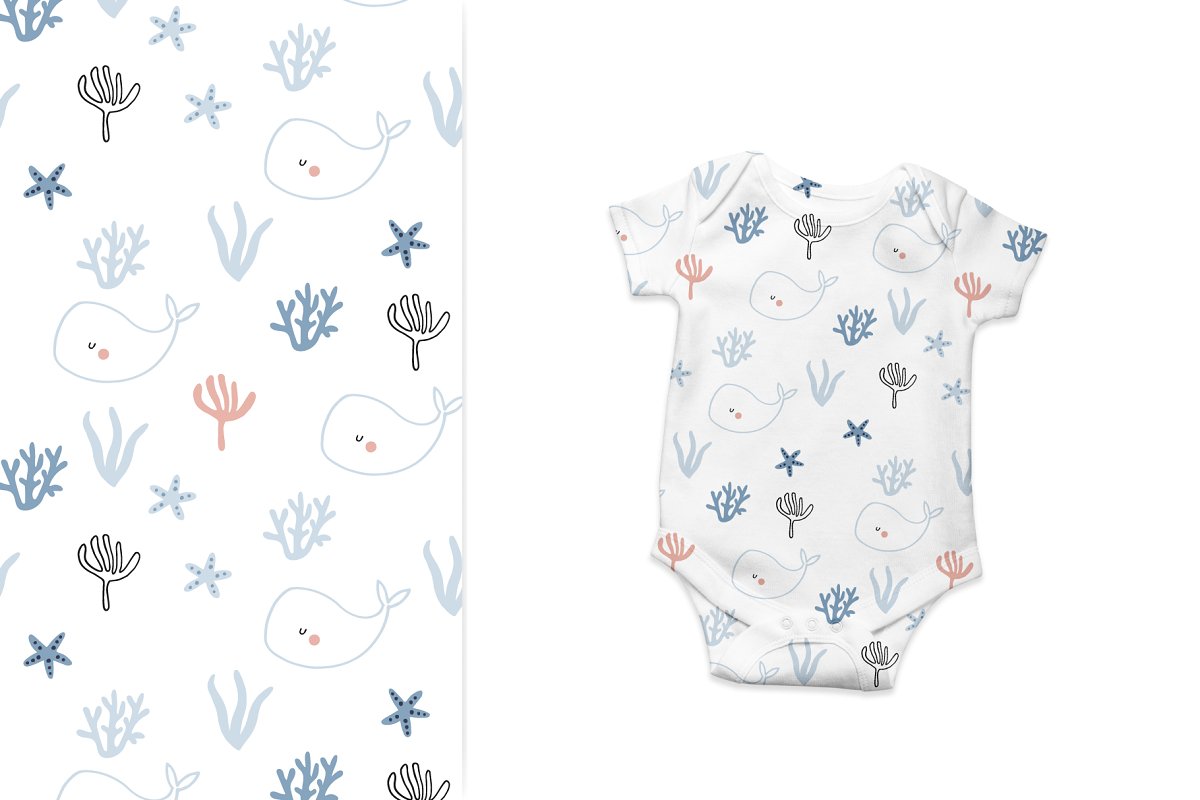 Baby white bodysuit design with whales.