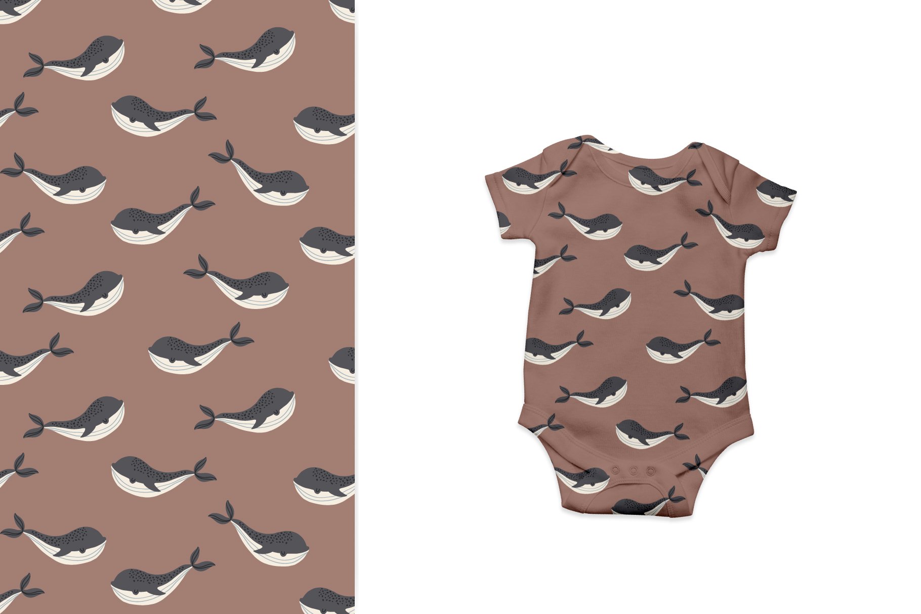 Baby brown bodysuit design with whales.