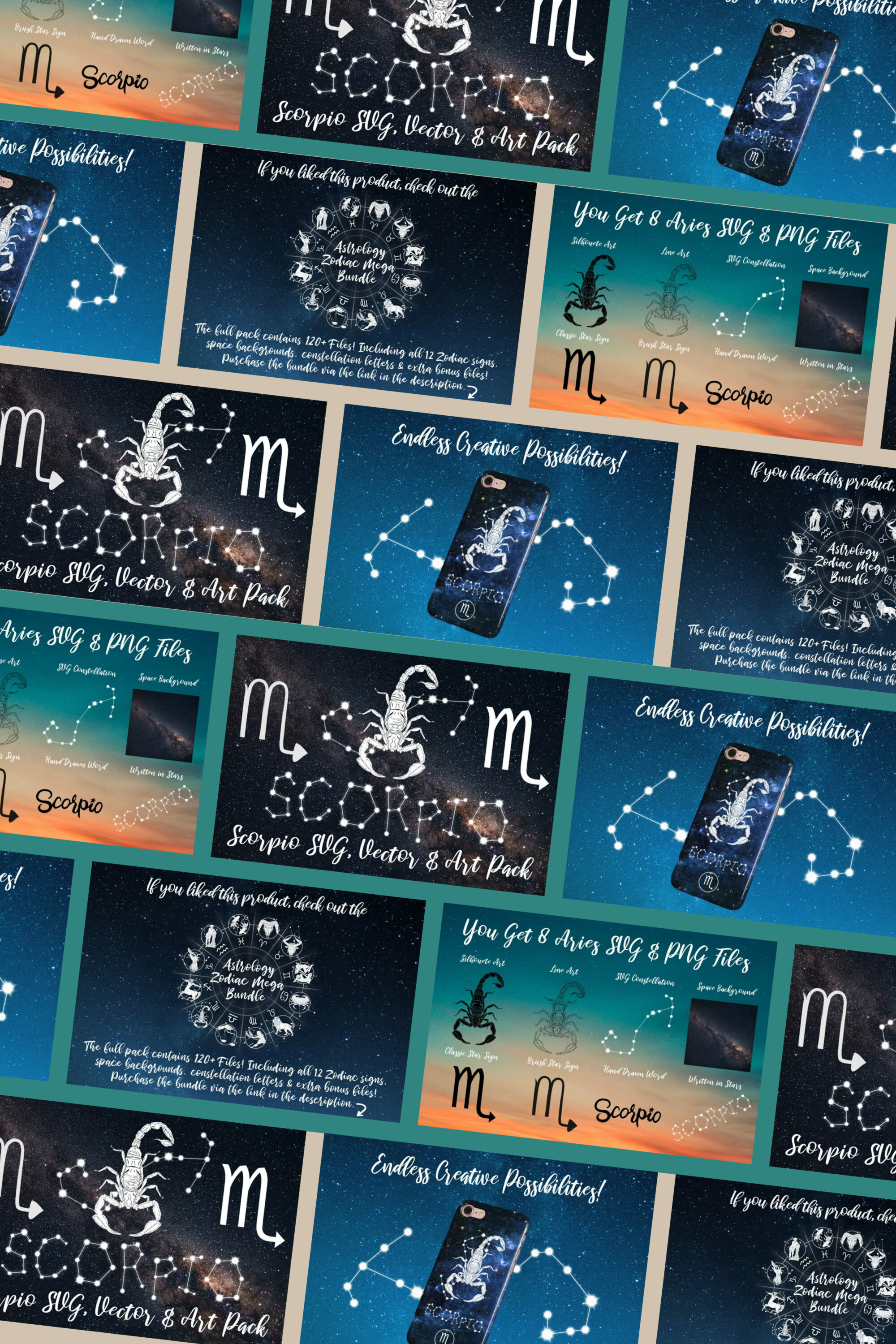 Series of business cards with zodiac signs on them.