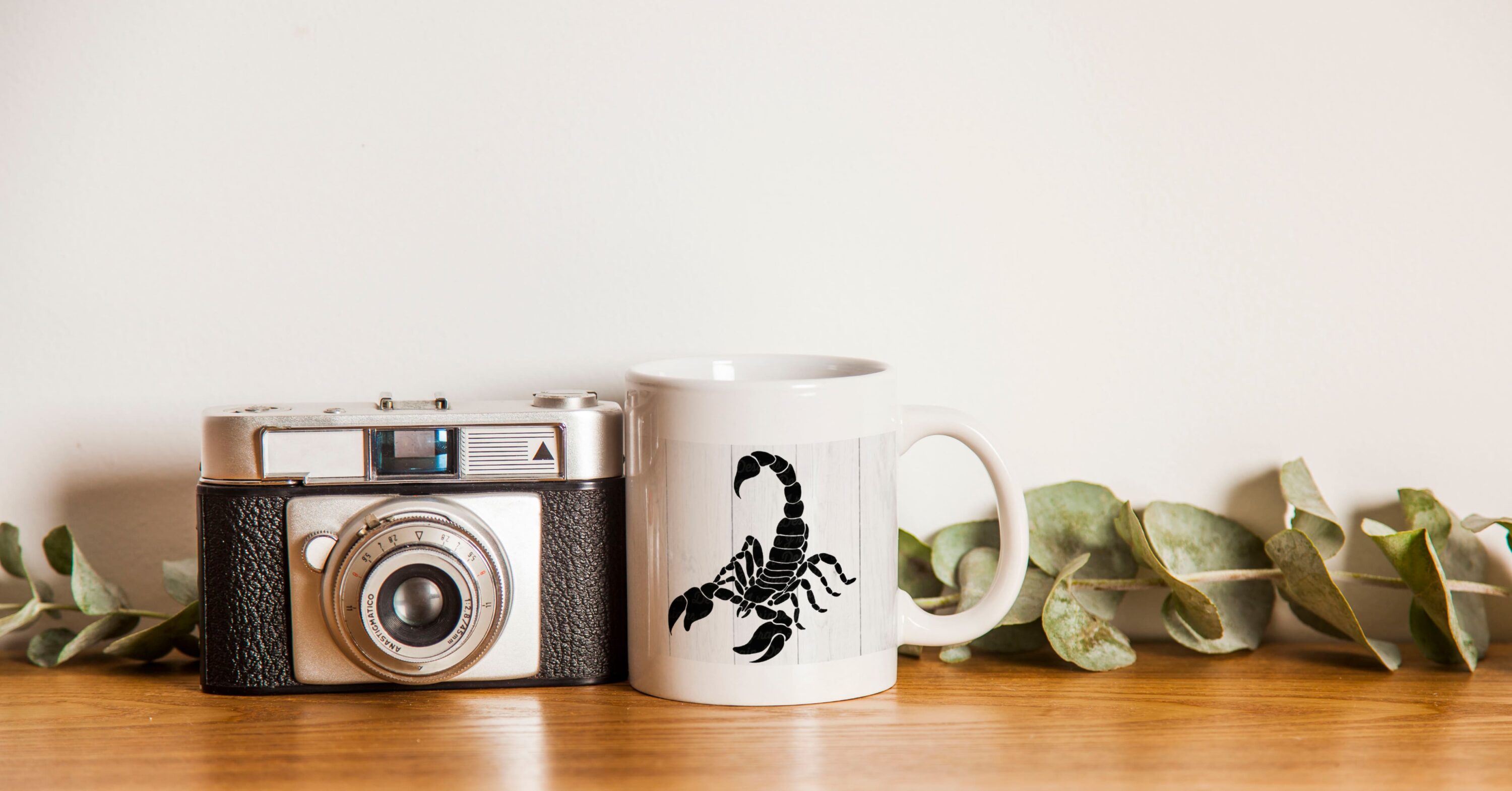 Camera and a mug sitting on a table.