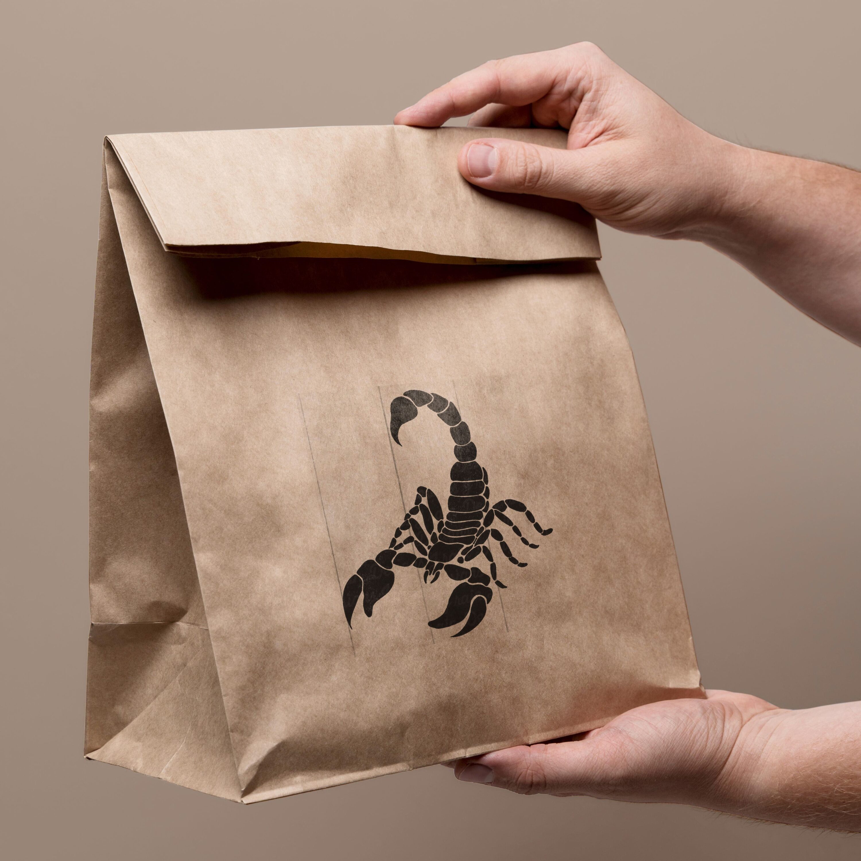 Hand holding a brown paper bag with a scorpion on it.
