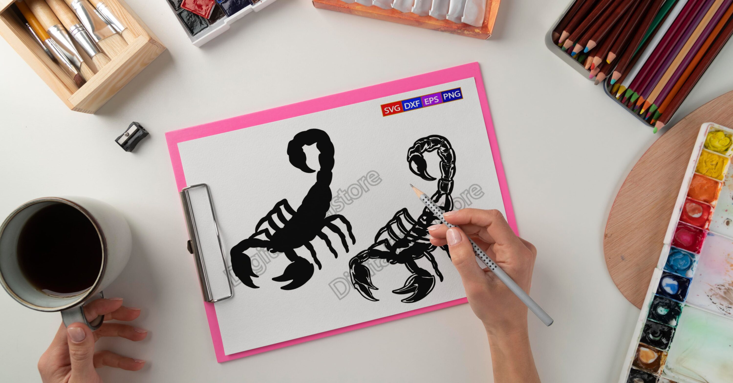 Person drawing a picture of a scorpion.