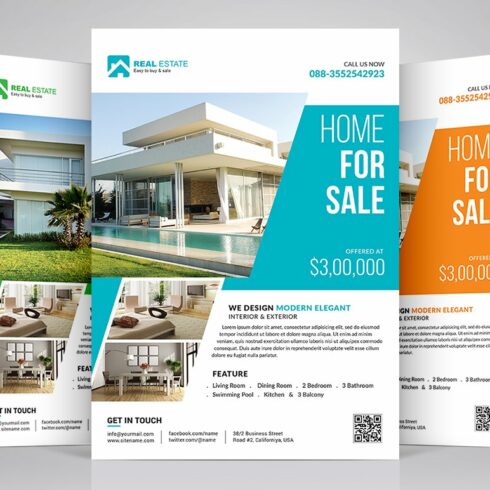 Three colored flyers for real estates.