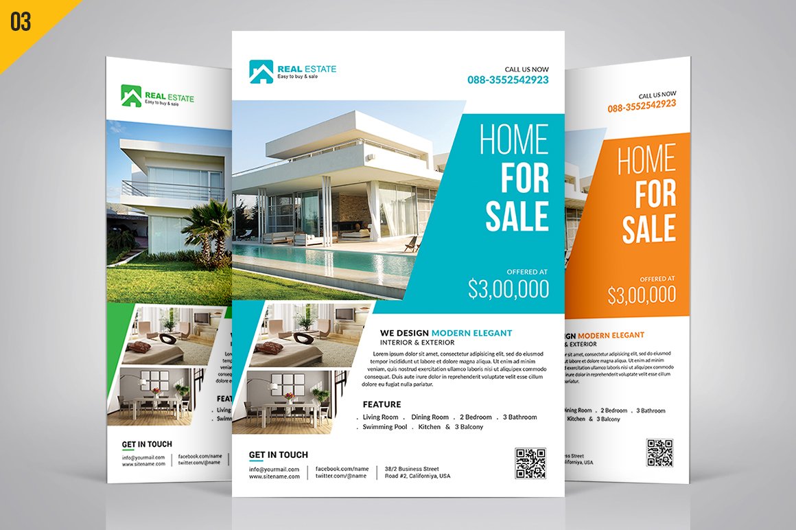 Three colored flyers for real estates.