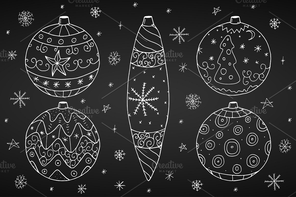 Luxury set of christmas accessories in doodle style black.