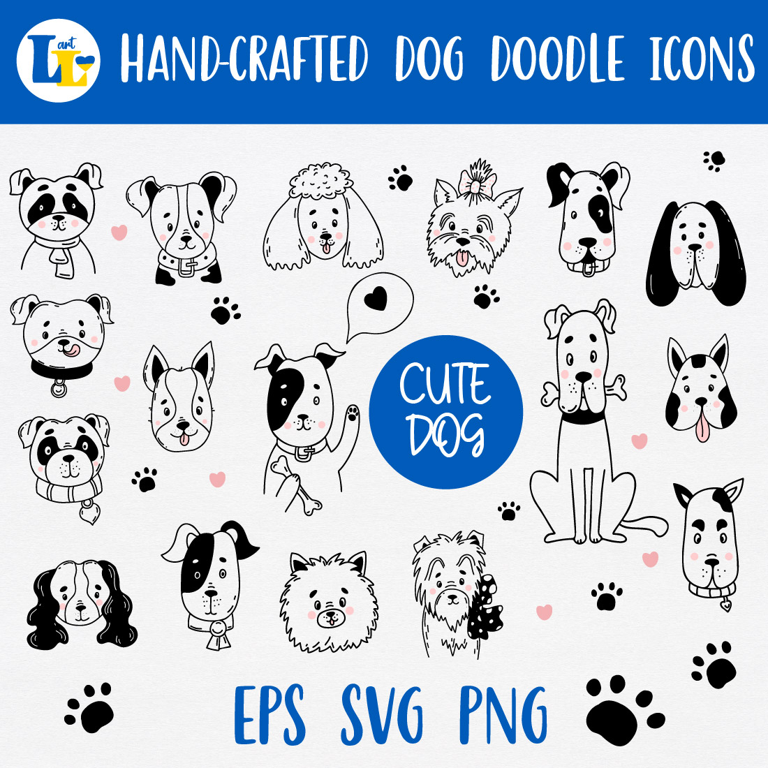 19 Cute Dog Doodles EPS PNG cover image.