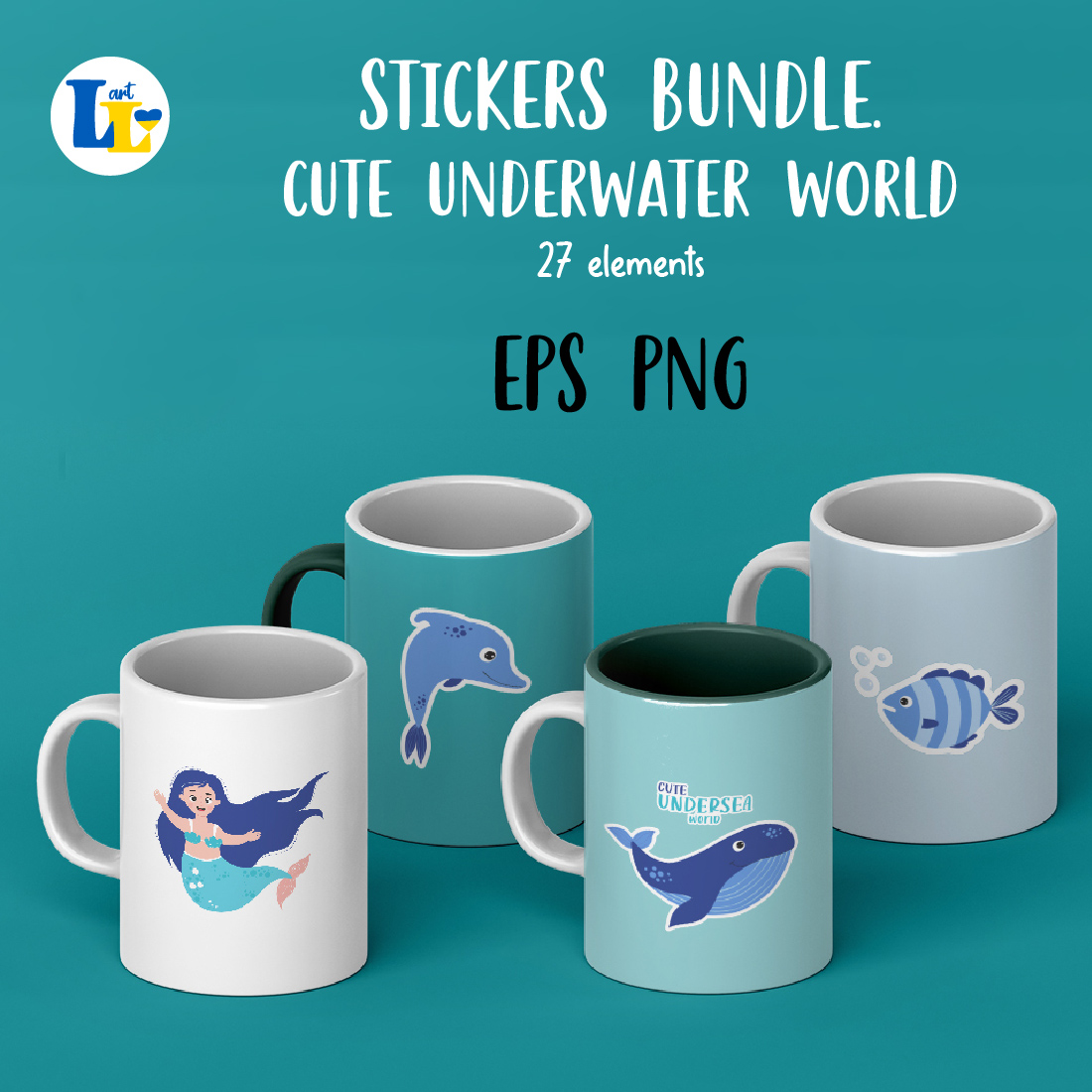 Undersea World and Mermaid Digital Stickers mockup.