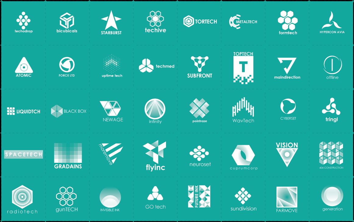 White Tech Logos with turquoise background.