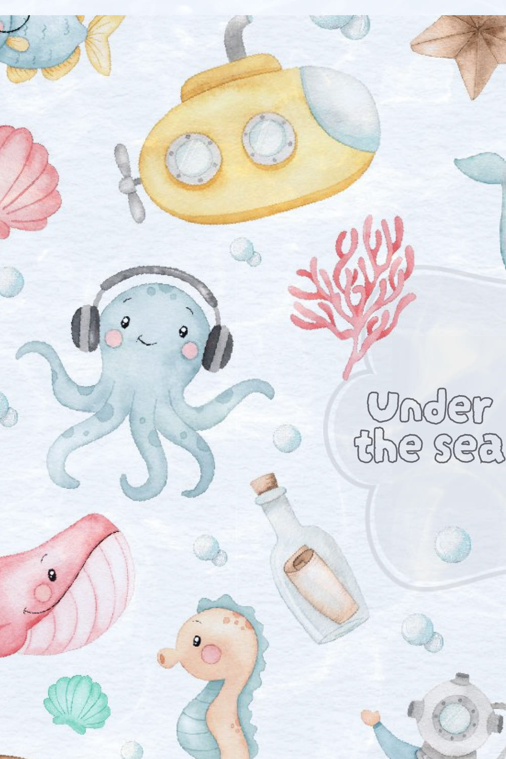 Vivid blue mockup with pastel octopuses.