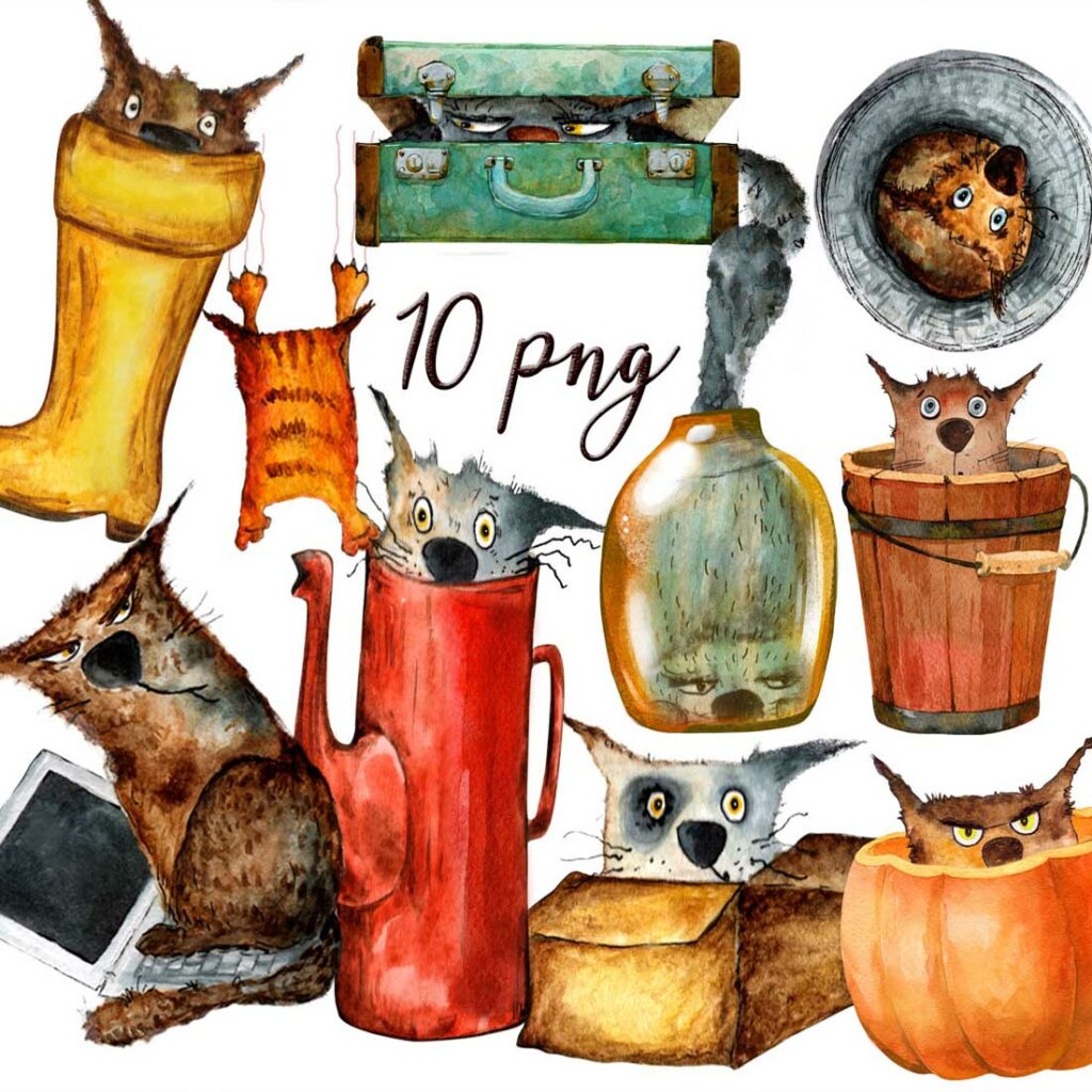 Funny cats watercolor drawings png - MasterBundles