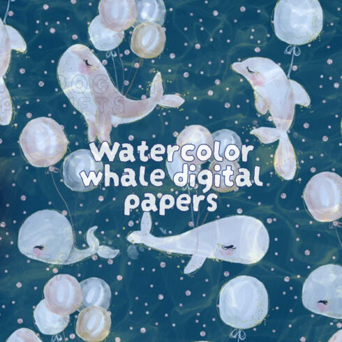 Watercolor whale digital papers preview.