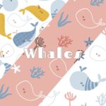 7 seamless patterns with whales and seaweed on white, blue and pink backgrounds.