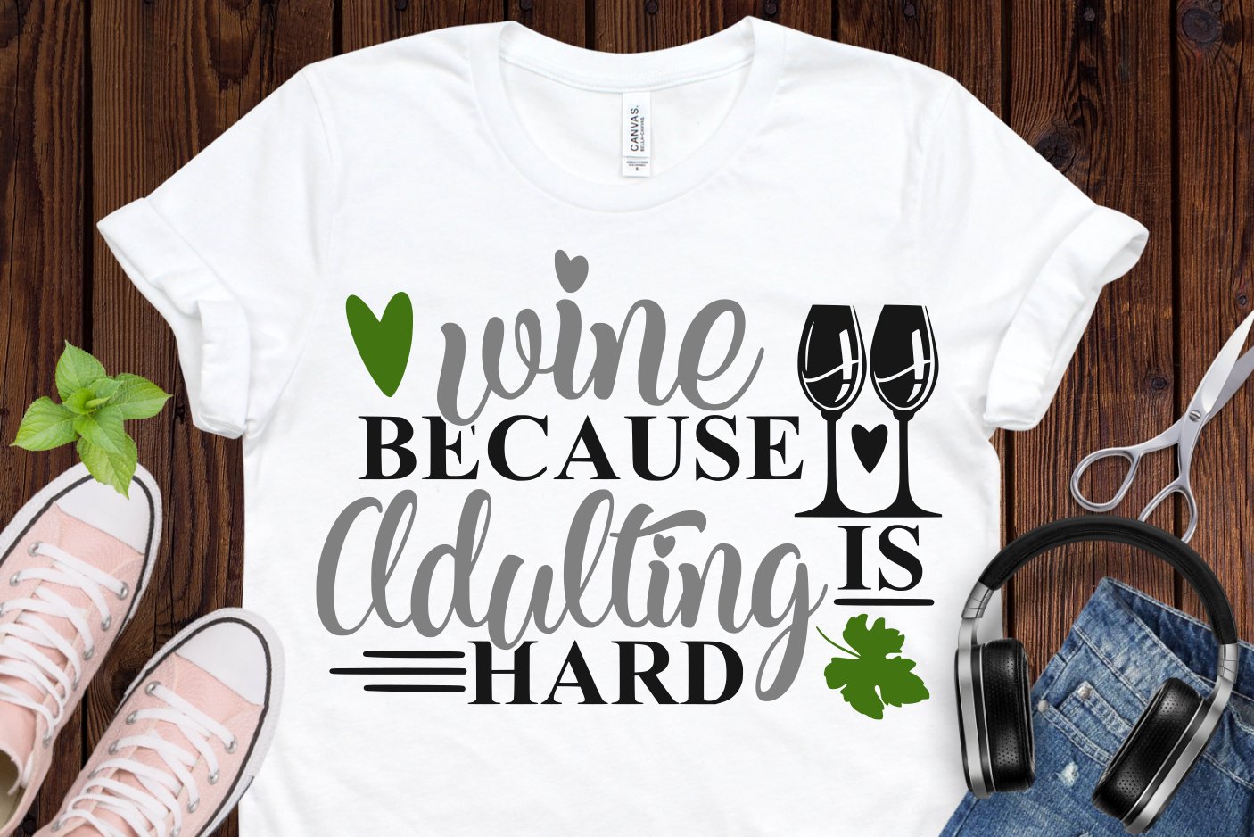 Classic white t-shirt with wine phrase.