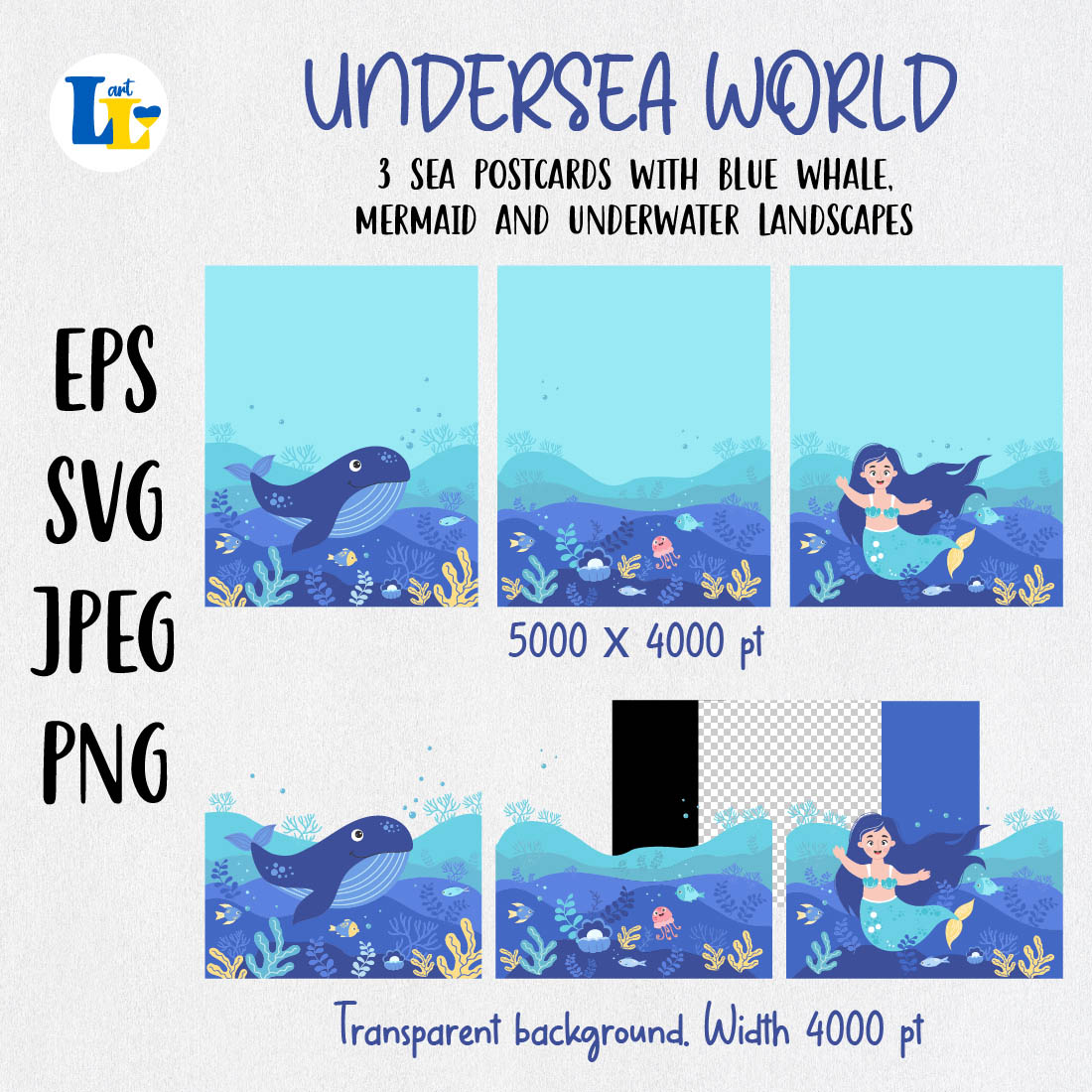 Sea Backgrounds, Postcards with Mermaid, Whale and Underwater World previews.