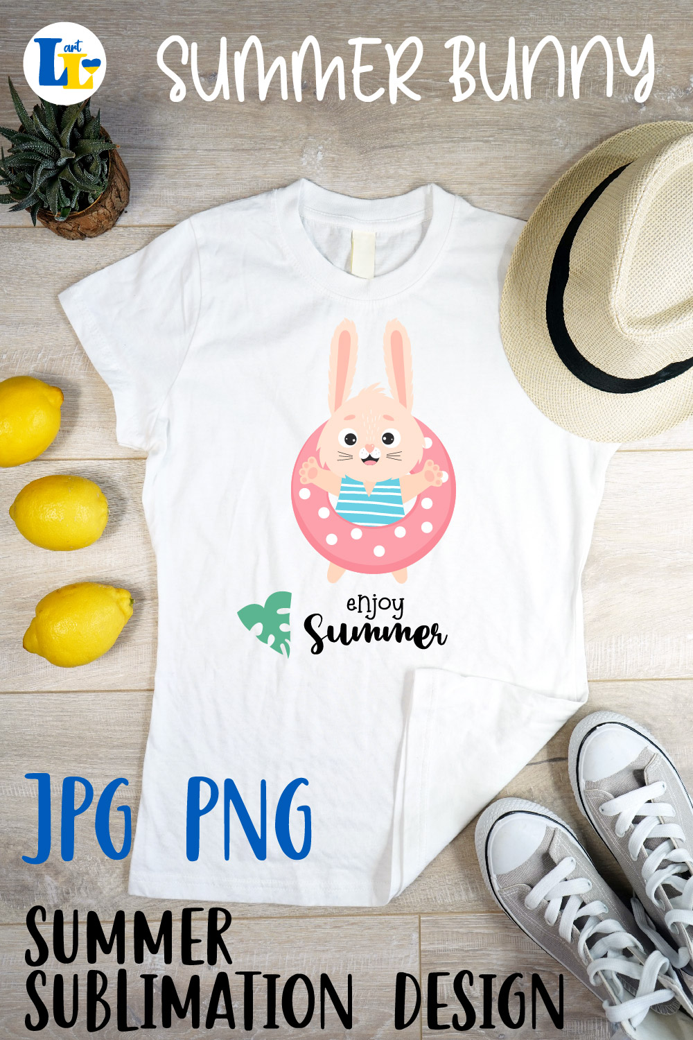 Cute Beach Bunny Summer Sublimation Design Pinterest Image.