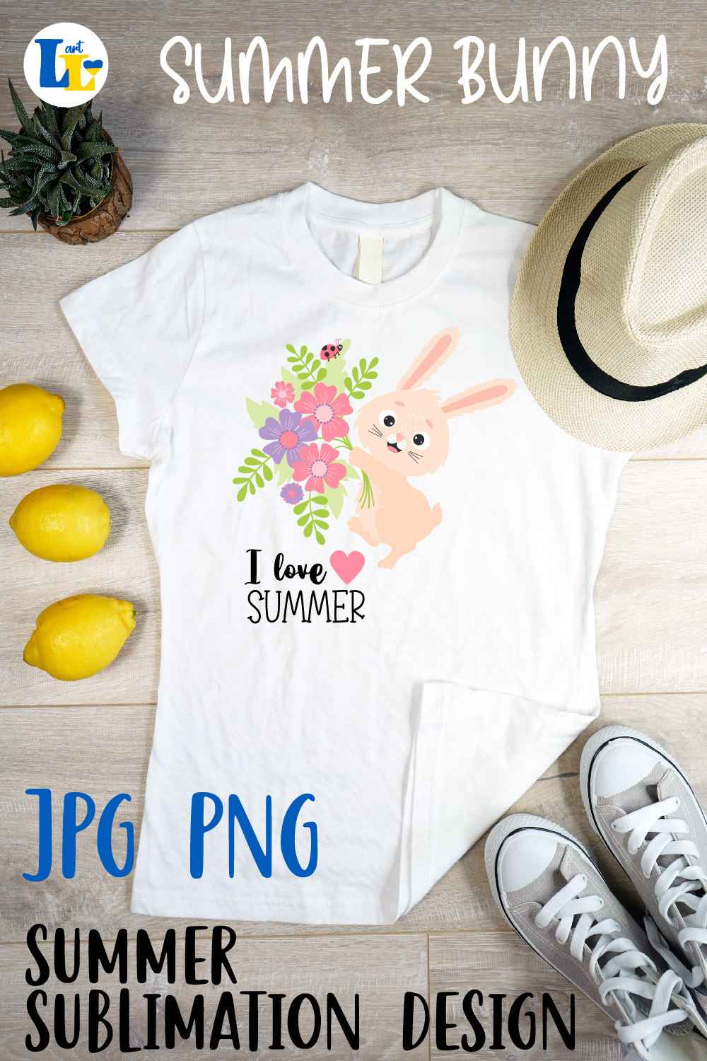 Cute Rabbit Summer Sublimation Design Pinterest Image.