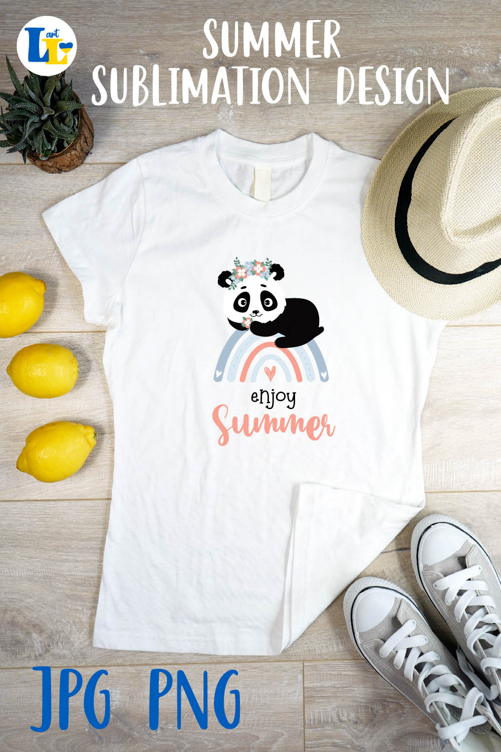 Panda On Rainbow Summer Sublimation Design Pinterest Image.