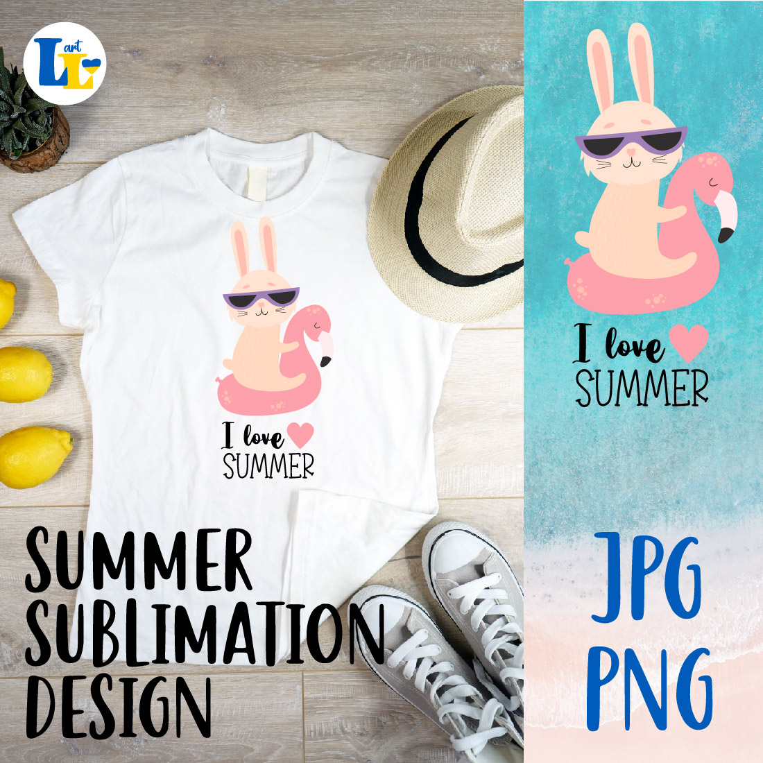 Beach Bunny Or Cute Summer Rabbit Sublimation Design Cover Image.