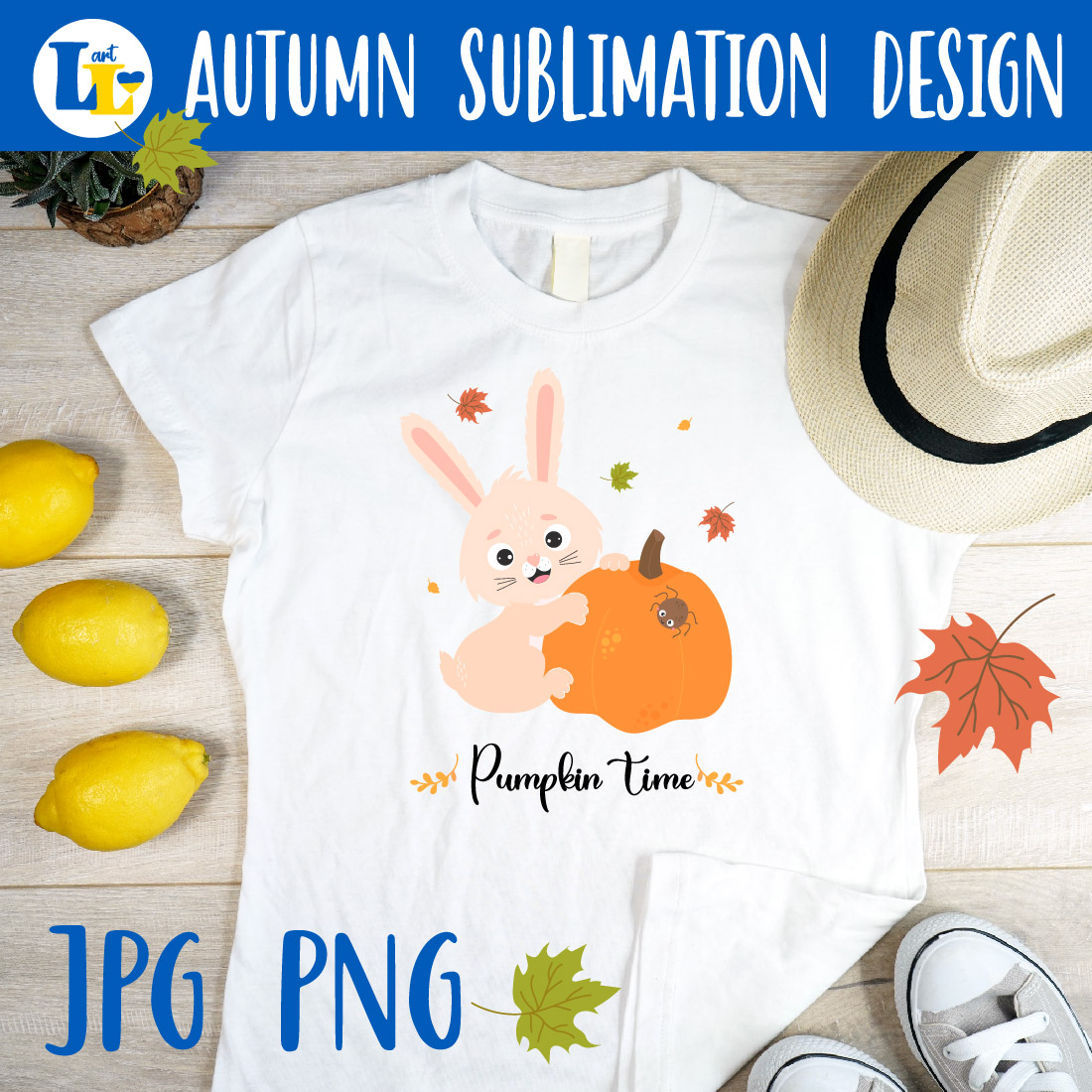 Bunny With Pumpkin Autumn Sublimation Design Cover Image.