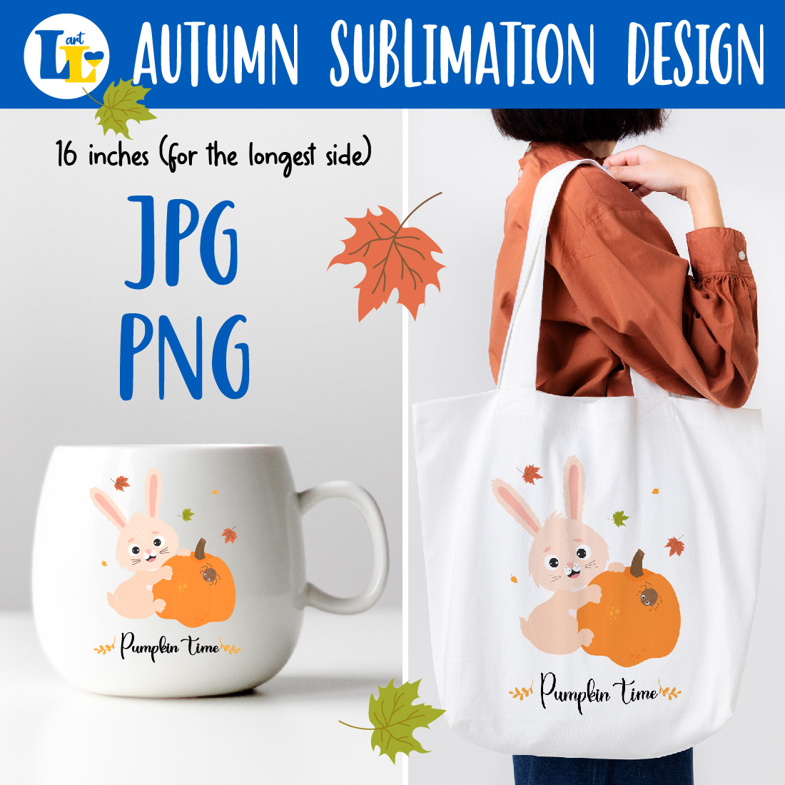 Bunny With Pumpkin Autumn Sublimation Design Preview Image.