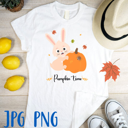 Bunny With Pumpkin Autumn Sublimation Design Pinterest Image.
