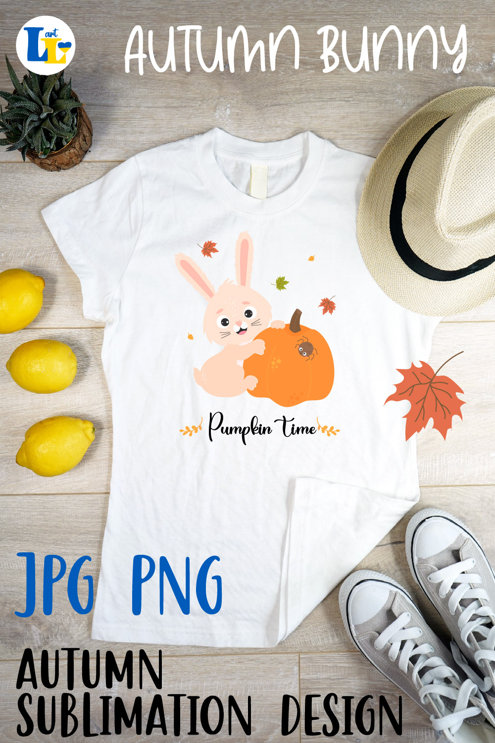 Bunny With Pumpkin Autumn Sublimation Design Pinterest Image.