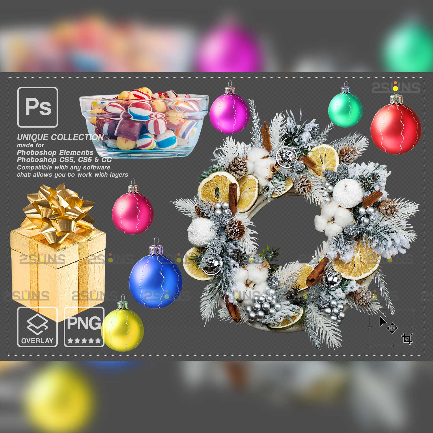 34 Christmas Glitter Photoshop overlays.