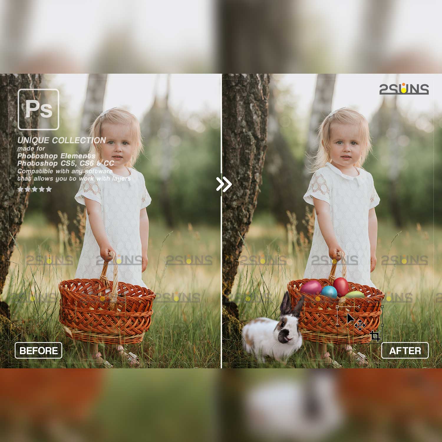 Easter Bunny Modern Photoshop Overlay Before And After.