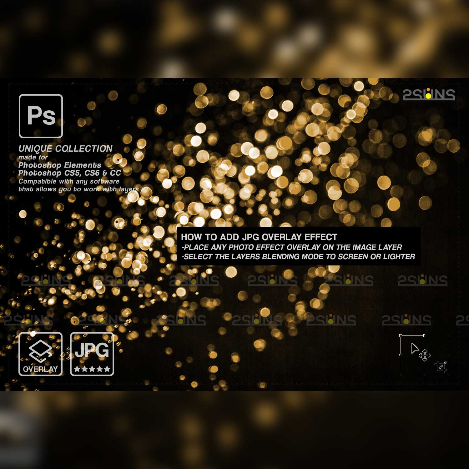 Digital Gold Bokeh Christmas Lights Photoshop Overlay Particles Example.