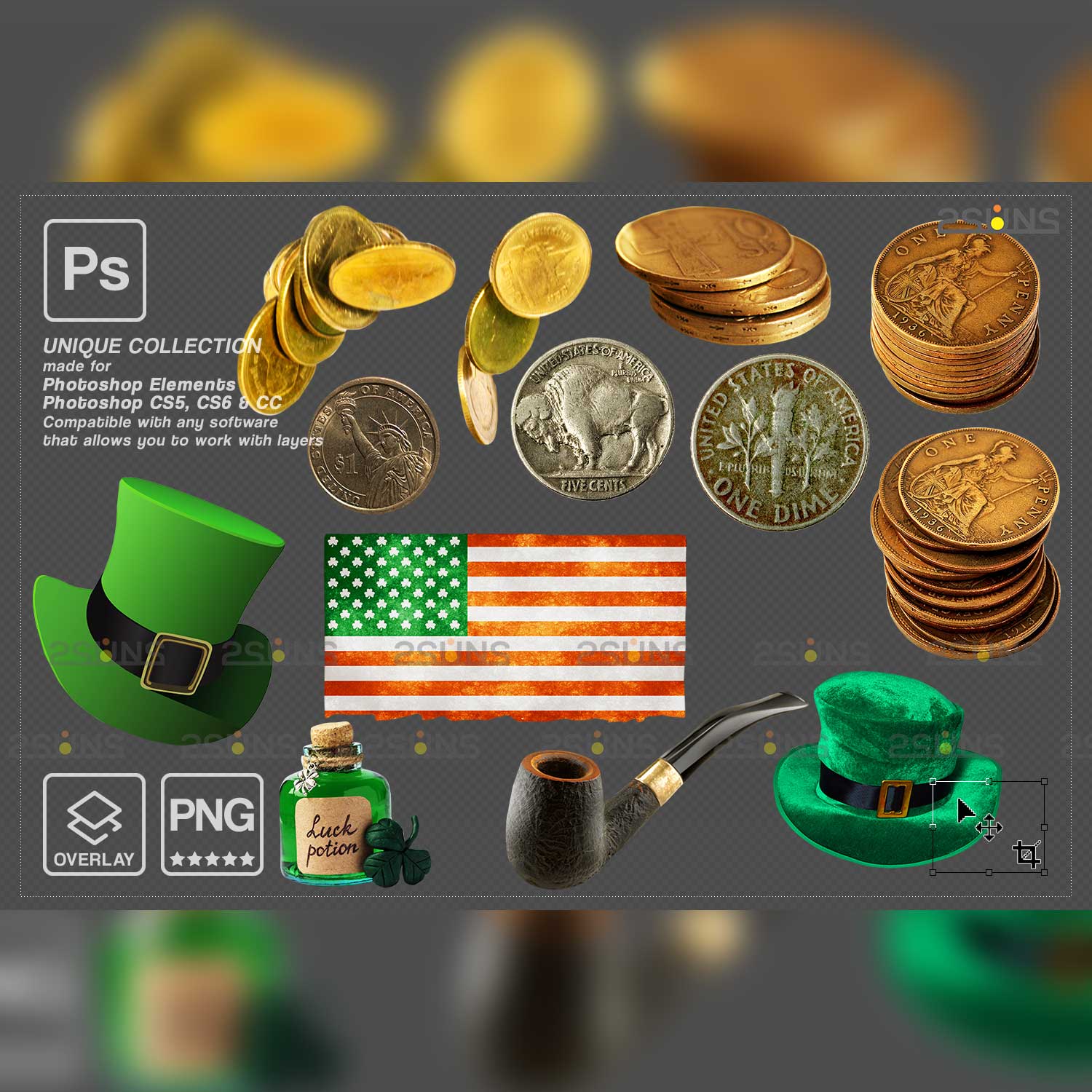 Saint Patricks Day Photoshop Overlay Coins Example.