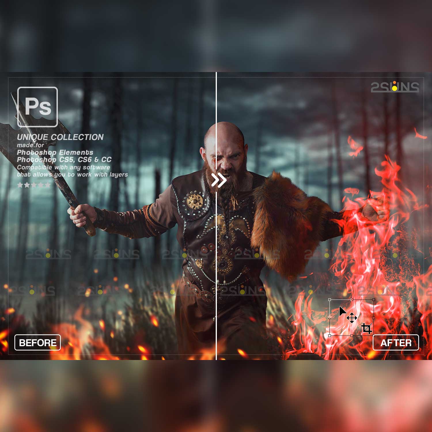 Neon And Burn Fire Background Photoshop Overlay man with sword example.