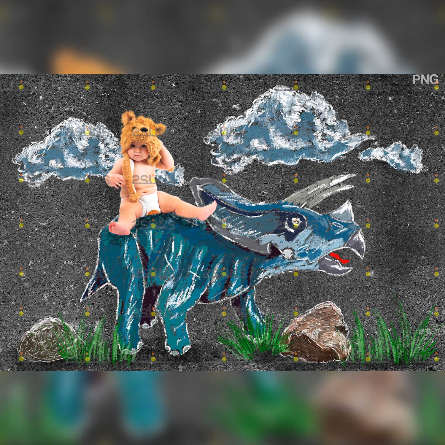 Dinosaurs Chalk Art Overlay Illustrations riding.