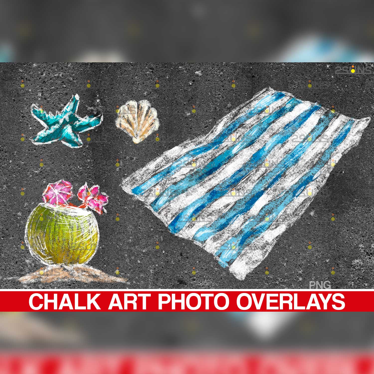 Summer backdrop And Beach Chalk Chalk Art Overlay Shells.