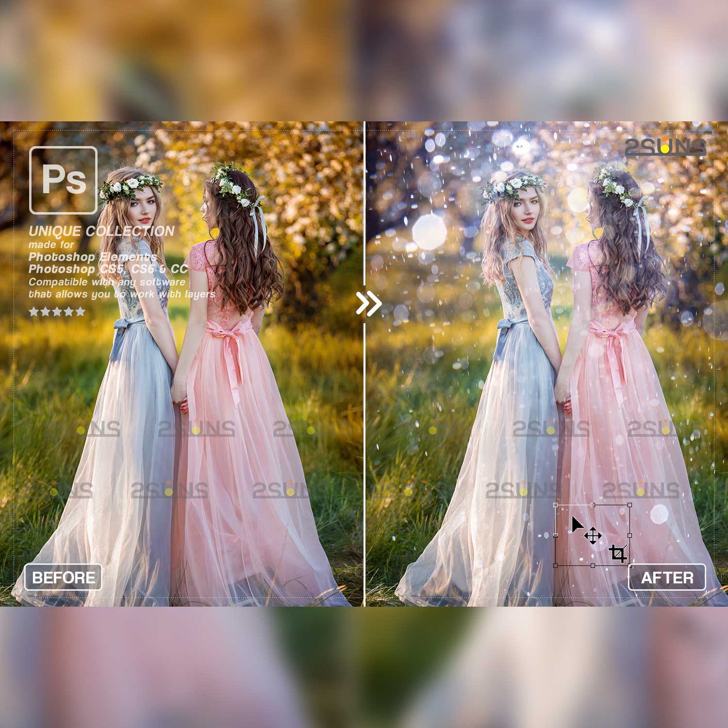 Neon Bokeh Christmas Photoshop Overlays two girls in dresses.