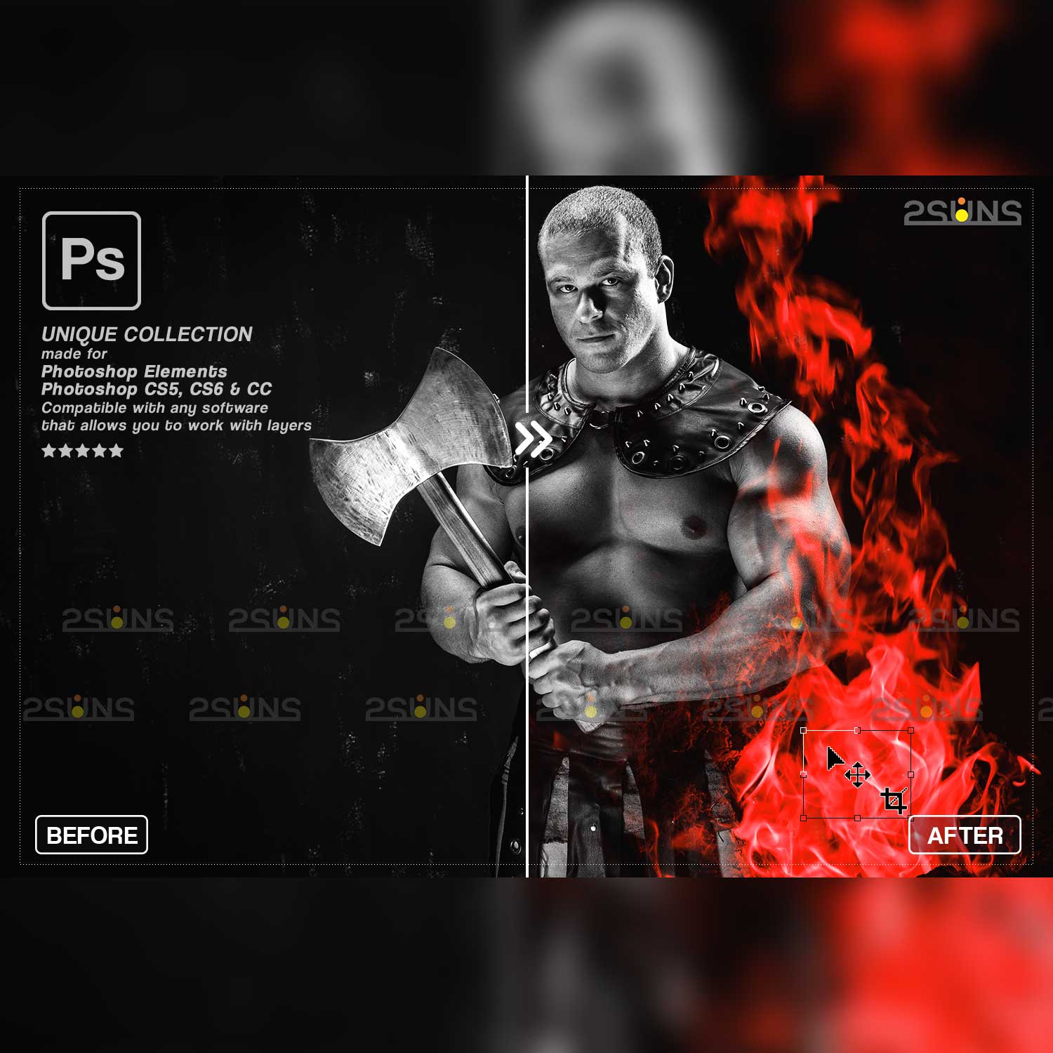 Neon And Burn Fire Background Photoshop Overlay man wit axe example.