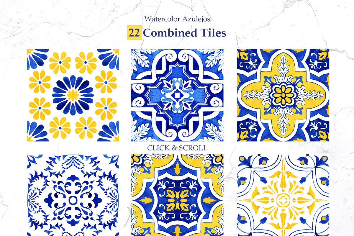 Portuguese Azulejo patterns created from original watercolor paintings of Portuguese Azulejos Tiles.