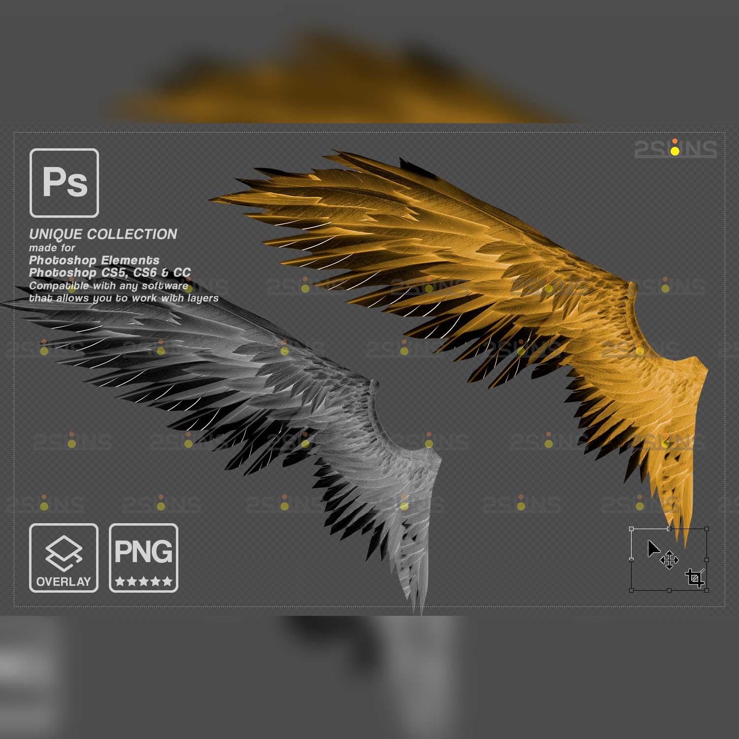 Realistic Black White Gold Angel Wings Photoshop Overlays Gold and grey wings.