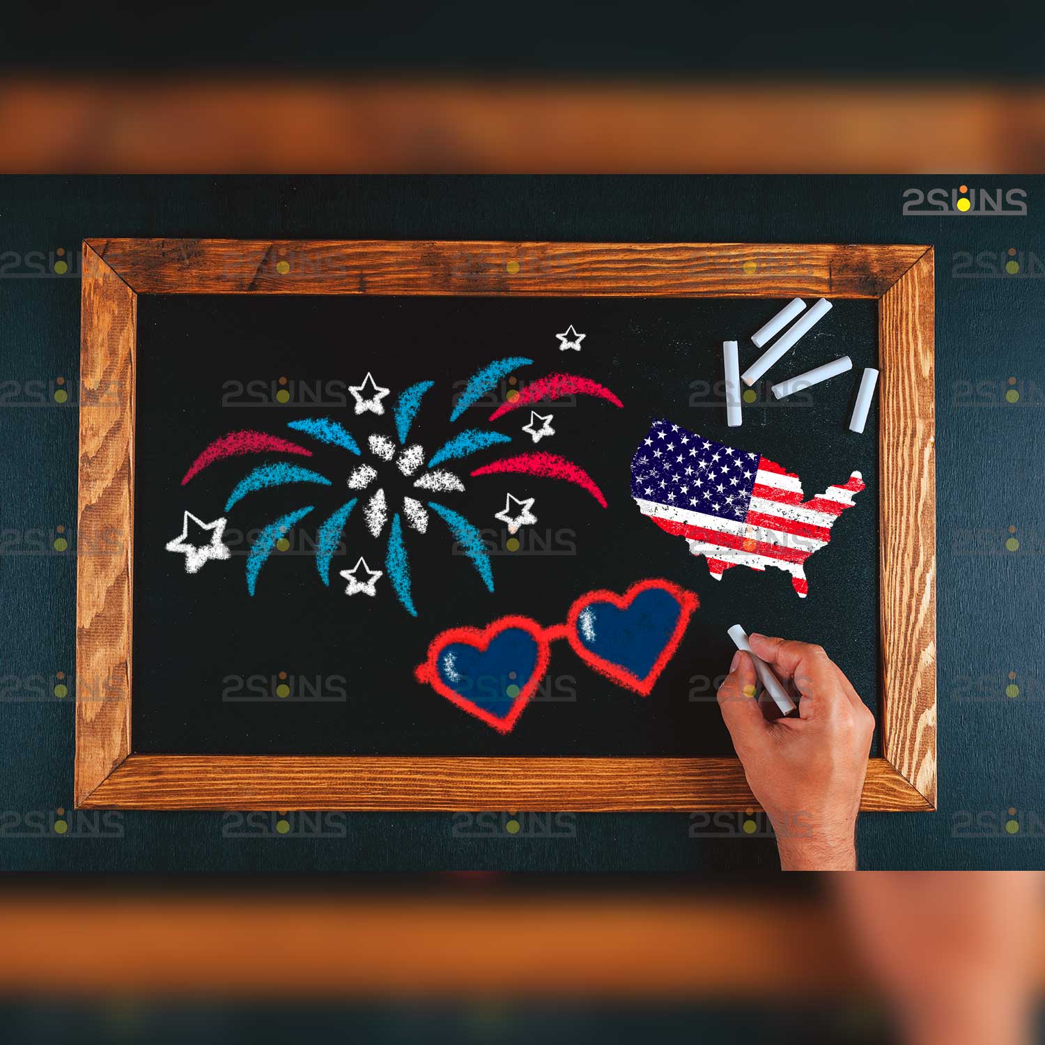 4th Of July Chalk Art Photoshop Overlay Frame And Fireworks.
